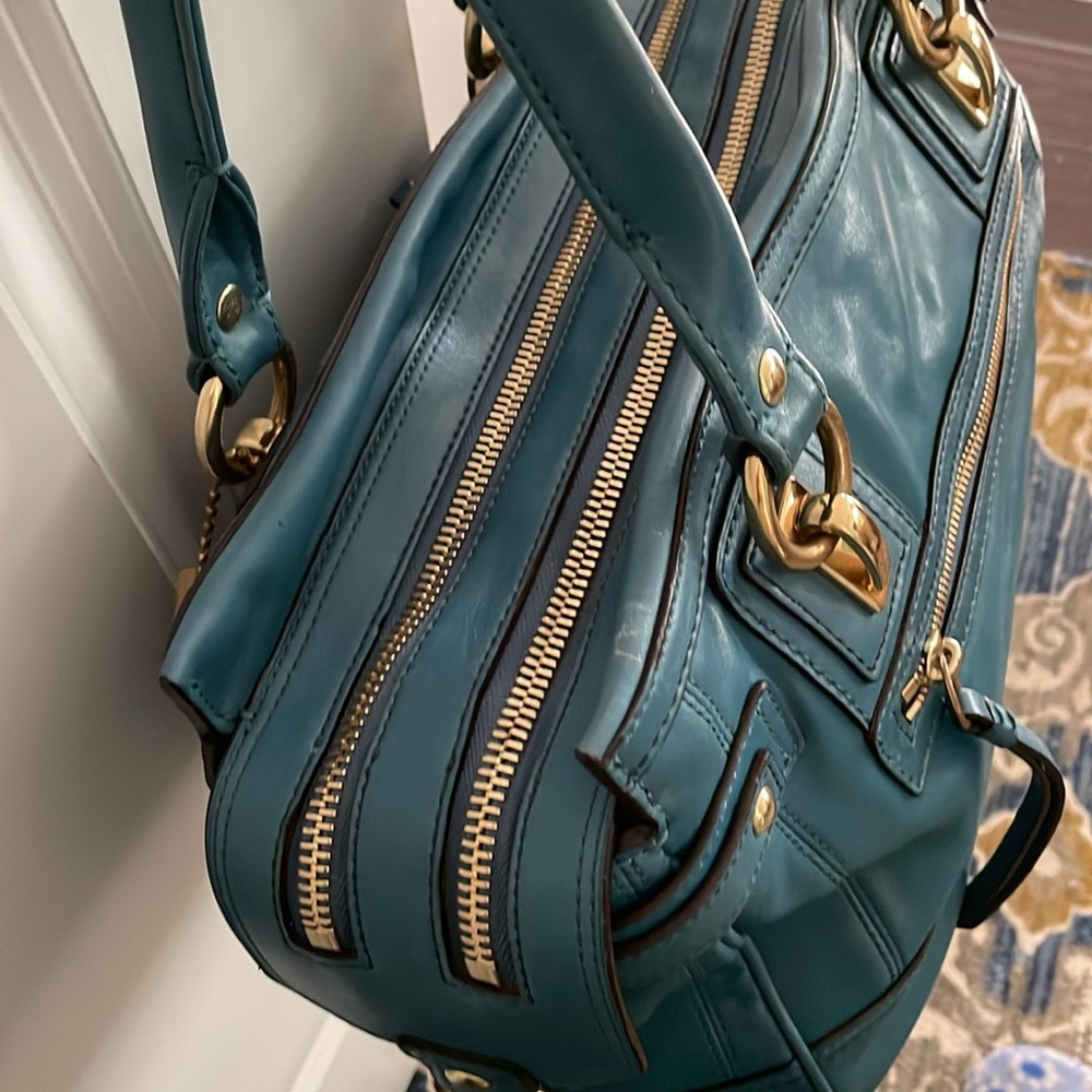 Coach Hampton Lindsay Satchel F12475 Teal Medium Size Structured Pockets Galore - Picture 8 of 16
